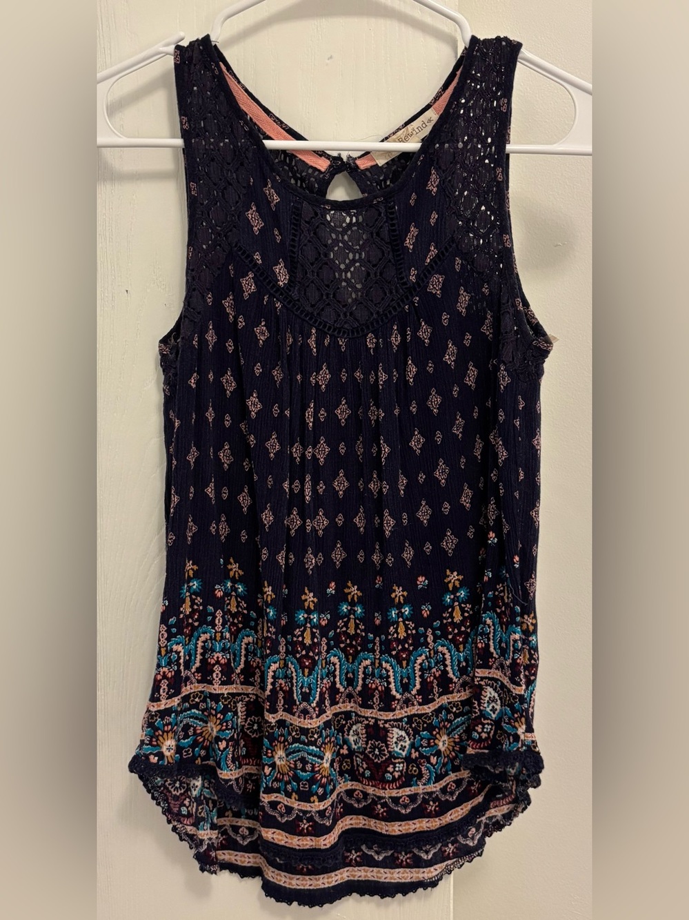 Rewind Navy With Multicolor Boho Print & Lace Tank Top Womans Size Small